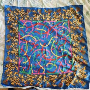 Vintage Silk Scarf Multicolored Ribbon Pattern Golden Baroque Border 31"×30"